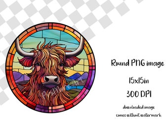 Stained Glass Highland Cow PNG Clipart, Round, Clear Background (Digital Download)