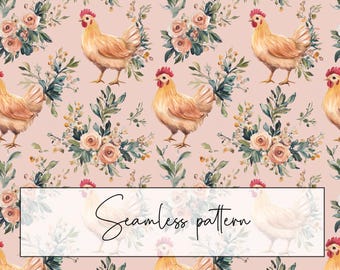 Huhn Blush rosa Florales Nahtloses Muster, Aquarell Bauernhof Hennen Blumen Rapportmuster, druckbare Karte, digitales Papier, digitaler Download