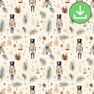 Naadloos kerstpatroon notenkraker, crèmebeige neutrale kleuren, herhalingspatroontegel, afdrukbaar, digitale download