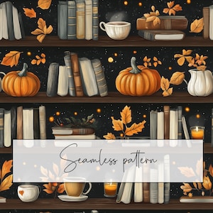 May include: Seamless pattern featuring bookshelves filled with books, pumpkins, and autumn leaves. A cup of coffee and a lit candle are also present. The text "Seamless pattern" is displayed across the bottom.
