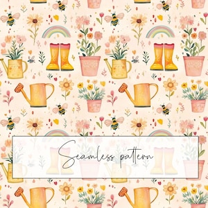 Könnte beinhalten: Ein nahtloses Muster mit einer fantasievollen Gartenszene mit gelben Gießkannen, rosafarbenen Blumentöpfen, gelben Gummistiefeln und Bienen auf einem hellrosa Hintergrund. Der Text "Seamless pattern" ist im Design enthalten.