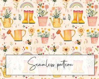 Rainboots With Rainbows Seamless Pattern, Spring Bees Flowers, Yellow Pink, Repeat, Watering Can, Doodle, Digital Paper, Digital Download