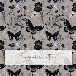 May include: A seamless pattern featuring black butterflies with white spots, dark flowers, and lavender sprigs on a light gray background. The text "Seamless pattern" is displayed in a white rectangle.