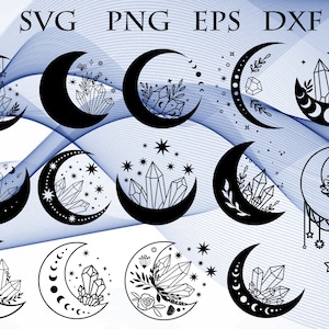 May include: A set of 12 black and white digital illustrations of crescent moons with crystals, stars, and floral elements. The designs are perfect for crafting projects, scrapbooking, and digital design.