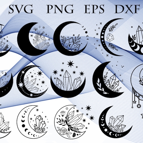 Magic Crystal Moon svg png eps dxf Bundle of 14 Designs Mystical Celestial Moon Cricut Cut File Silhouette Vector Clipart Digital Download