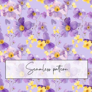 Motif floral transparent violet et jaune, fleurs printemps-été, motif répété, sublimation de carte imprimable tissu motif, téléchargement numérique
