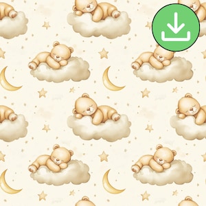 Sleeping Teddy Bear Seamless Pattern, Nursery Decor, Repeating Tile (Digital Download)
