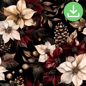 Dark Poinsettia Seamless Pattern, Red Christmas Floral Repeat Pattern Tile, Winter Floral, Black Background, Printable, Digital Download