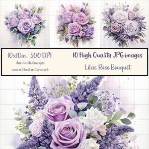 Watercolour Lilac Rose Bouquet, Bundle of 10 JPG Clipart, Light Purple, Paper Craft, Scrapbooking, Digital Download
