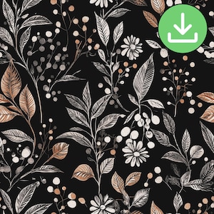 Dark Leaf Motifs Seamless Pattern, Black Brown Grey Botanical Leaves Repeat Tile, Whimsical Fall Night, Digital Paper, Digital Download