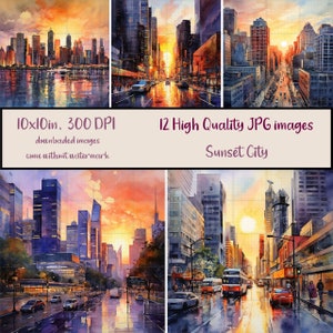 City Sunset, Bundle of 12 JPG Clipart, Watercolor Evening City Street, Cityscape, Printable, Sublimation, Scrapbooking, Digital Download