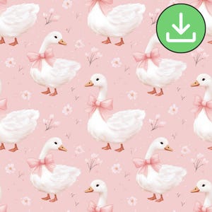 Dessin animé mignon modèle sans couture d'oie blanche, noeuds sur fond rose pastel, motif répété, carrelage, petites fleurs, imprimable, téléchargement numérique