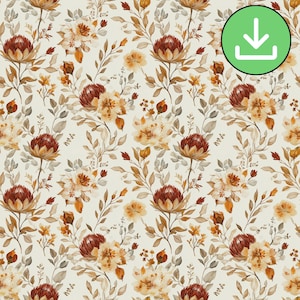 Patrón sin costuras de flores bohemias oxidadas en acuarela, mosaico con patrón repetido de flores secas otoñales, terracota marrón otoñal apagado, descarga digital