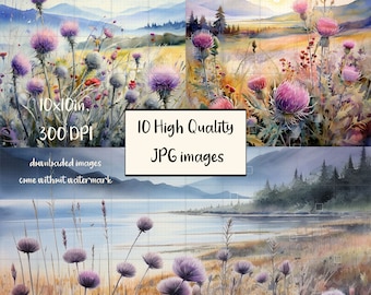 Op de afbeelding: Een digitale collage van 10 aquarel schilderijen met paarse distelbloemen in een weide omgeving. De afbeeldingen bevatten een meer, bergen en een zonsondergang. De tekst "10 hoge kwaliteit JPG afbeeldingen" is opgenomen in de collage.
