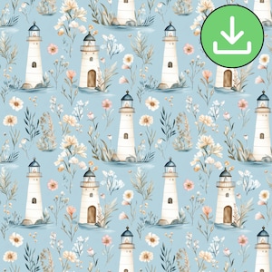 White Lighthouse Seamless Pattern, Coastal Lighthouse Wild Flowers Repeat Pattern Tile, Blue Background, Digital Paper Digital Download