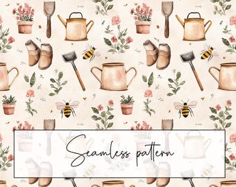 Gardening Seamless Pattern, Blush Pink, Bees (Digital Download)