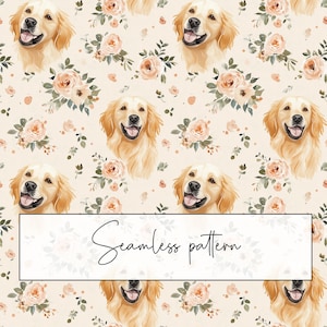 Op de afbeelding: Een naadloos patroon met lachende golden retriever-gezichten en perzikrozen op een crèmekleurige achtergrond. De tekst "Seamless pattern" wordt weergegeven in een witte rechthoek onderaan.