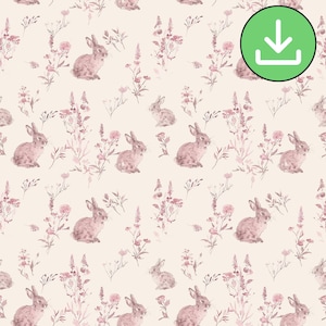 Delicate Pink Bunny Seamless Pattern, Watercolor, Ditsy Flowers Rabbit Repeat Pattern, Fabric Pattern, Wallpaper Design, Digital Download