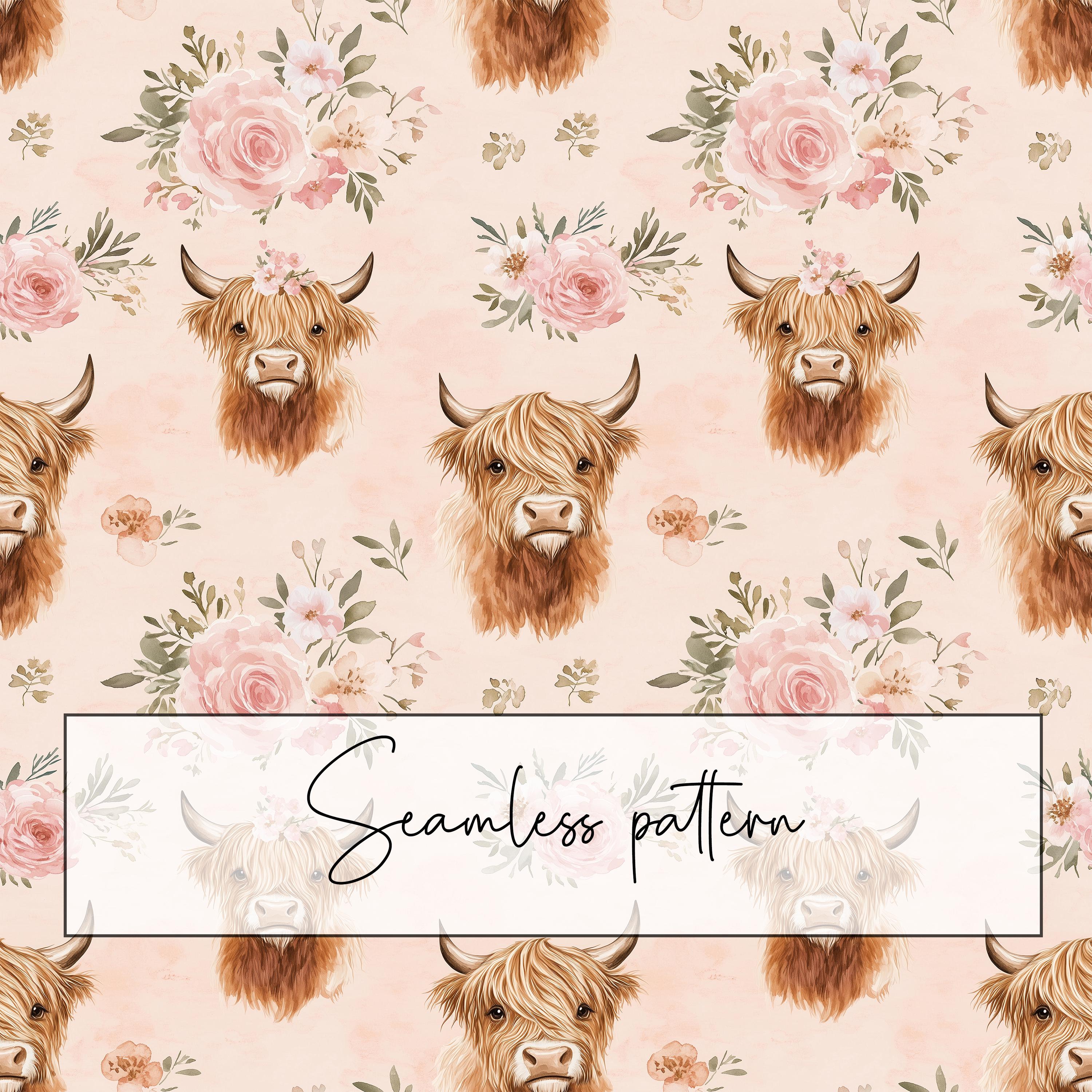 Cow Print Roses Floral Highland Cow Seamless Pattern, Cute Watercolor Cow Pink Roses ...