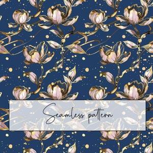 Modello senza cuciture fiori blu navy e oro, motivo floreale ripetuto elegante, modello tessuto tessile, carta digitale, diario, download digitale