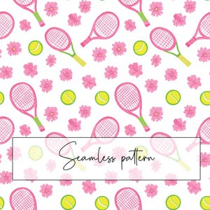 May include: A seamless pattern featuring pink tennis rackets, green tennis balls, and pink flowers on a white background. The text "Seamless pattern" is written in black at the bottom of the image.