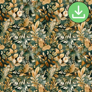 Emerald Green Botanical Seamless Pattern, Watercolor Leaves, Moody Floral   Style (Digital Download)