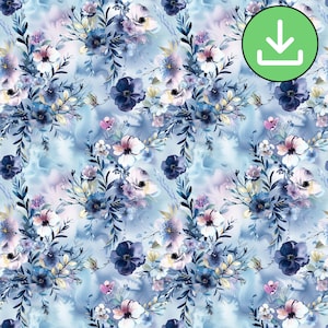 Aquarel winter blauwe bloemen naadloos patroon, ijzig blauw marineblauw bloemen herhalingspatroon, stoffenpatroon, behangontwerp, digitale download