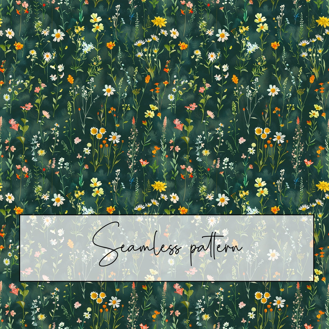 Wildflowers Seamless Pattern, Dark Green Background Floral Repeat ...