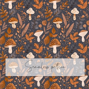 May include: A seamless pattern featuring various types of mushrooms in shades of brown and orange on a dark gray background. The mushrooms are surrounded by leaves and branches in shades of brown and orange.