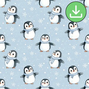 Cute Kawaii Penguin With Scarf Pattern, Snowflakes Blue Winter Repeat Pattern, Digital Paper, Sublimation, Christmas Craft, Digital Download