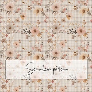 Puede incluir: Un patrón floral sin costuras con flores de acuarela en tonos melocotón, rosa y beige, sobre un fondo de cuadros claros. El texto "Seamless pattern" se muestra en una pancarta en la parte inferior.