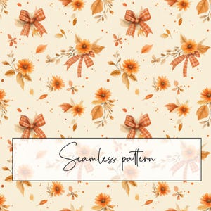Orange höstblommor och löv sömlösa mönster, rutiga rosetter upprepar mönster kakel, höstlöv tapet, beige bakgrund, digital nedladdning