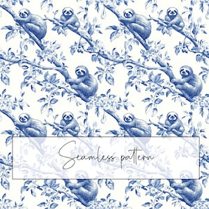 Patrón sin costuras de perezoso chinoiserie, azulejo con patrón repetido de rama de perezoso Toile de Jouy, blanco y azul, vintage, papel digital, descarga digital