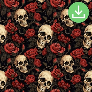 Mörk skalle och röda rosor mystiska gotiska sömlösa mönster, upprepat mönster, papper, tygmönster, tapet, sublimering, digital nedladdning
