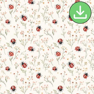 Grazioso motivo senza cuciture con coccinella, motivo ripetuto con sfondo floreale pastello beige e fiorellini coccinella, fiori estivi, carta digitale, download digitale