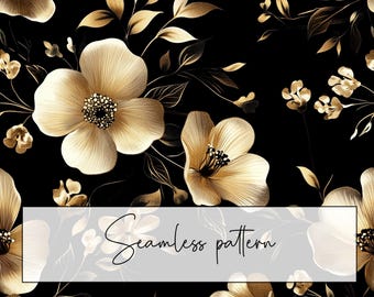 Gold Flowers Black Background Seamless Pattern, Black And Gold Floral Repeat Pattern Tile, Printable Card Digital Paper, Digital Download