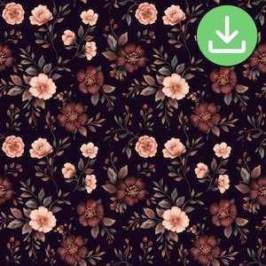 May include: A seamless pattern featuring a dark purple background adorned with repeating illustrations of blooming flowers in shades of light pink, dusty rose, and deep maroon, accompanied by slender stems and dark green leaves.
