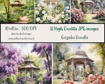 Gazebo in the Garden, Bundle of 12 JPG Images, Watercolor Romantic Gazebo With Flowers, Park, Journaling, Scrapbooking, Digital Download