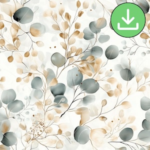 Gold Eucalyptus Seamless Pattern, Green And Gold Botanical Greenery Repeat Pattern, Elegant, Printable Card, Digital Paper, Digital Download