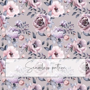 Aquarell Dusty Purple Pink Pfingstrose Nahtloses Muster, Gedämpfte blasse Pfingstrosen Blumenmuster, Textil, Stoff, Tapete, digitaler Download