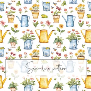 May include: A seamless pattern featuring yellow and blue watering cans, green frogs, and potted plants with flowers in shades of pink, yellow, and white. The background is white.