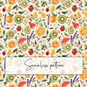 May include: A seamless pattern featuring watercolour illustrations of various fruits, flowers, and leaves. The pattern includes oranges, kiwis, watermelons, strawberries, lavender, and other floral elements. The background is a light cream colour.