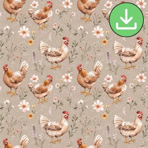 Hühner mit Blumen Muster, Bauernhof Huhn Blumen Henne Rapportmuster, druckbare Karte, Sublimation, digitales Papier, digitaler Download