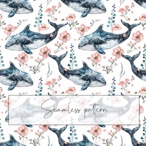 Könnte beinhalten: Nahtloses Muster mit Aquarell-Illustrationen von Walen und rosa Blumen auf weißem Hintergrund. Der Text "Seamless pattern" ist in schwarzer Kursivschrift geschrieben.