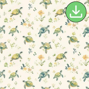 Joli modèle sans couture de tortue florale, tortue verte sur fond beige, carreaux de motif répétitif, carte imprimable, papier numérique, téléchargement numérique