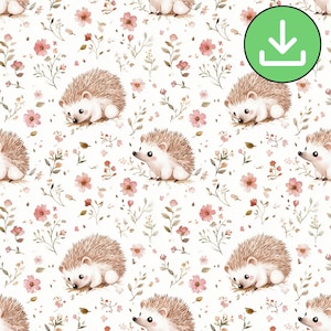 Cute Hedgehog Floral Seamless Pattern, Watercolor Small Pink Flowers Repeat Pattern Tile, White Background,  Printable, Digital Download