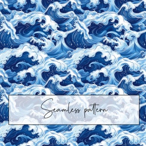 May include: Seamless pattern of blue and white waves. The waves are drawn in a traditional Japanese style. The pattern is perfect for use in fabric, wallpaper, or other decorative applications.
