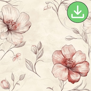 Pencil Drawn Flowers Seamless Pattern, Muted Red Floral Repeat Tile, Sketch Hand Draw Blooms, Digital Download