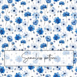 May include: A seamless pattern featuring blue and white watercolor flowers on a white background. The flowers are arranged in a random pattern and have a delicate, hand-painted look.