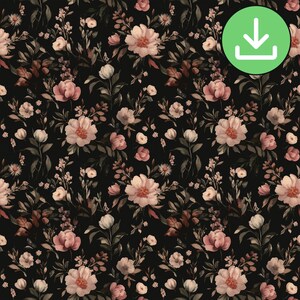 Peut inclure: Un motif répétitif sans couture présentant des fleurs rose pâle et blanches avec un feuillage vert foncé et brun sur un fond noir uni. Le design comprend diverses formes florales, incluant de grandes fleurs et de petits boutons disposés en densité.